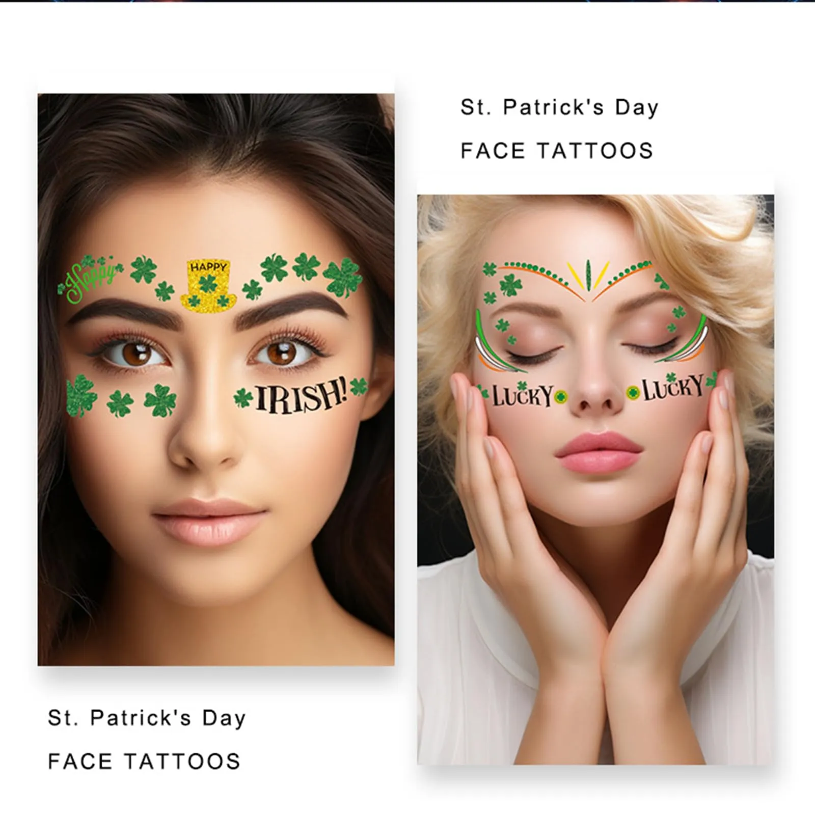 10Pcs St Patricks Day Temporary Tattoo Sticker Butterflies FaceTattoos Makeup Tattoo Stickers on Face Green Face Shamrock Clover Fake Tattoos for Women Kids FaceTattoo Sticker Irish Party Supplies