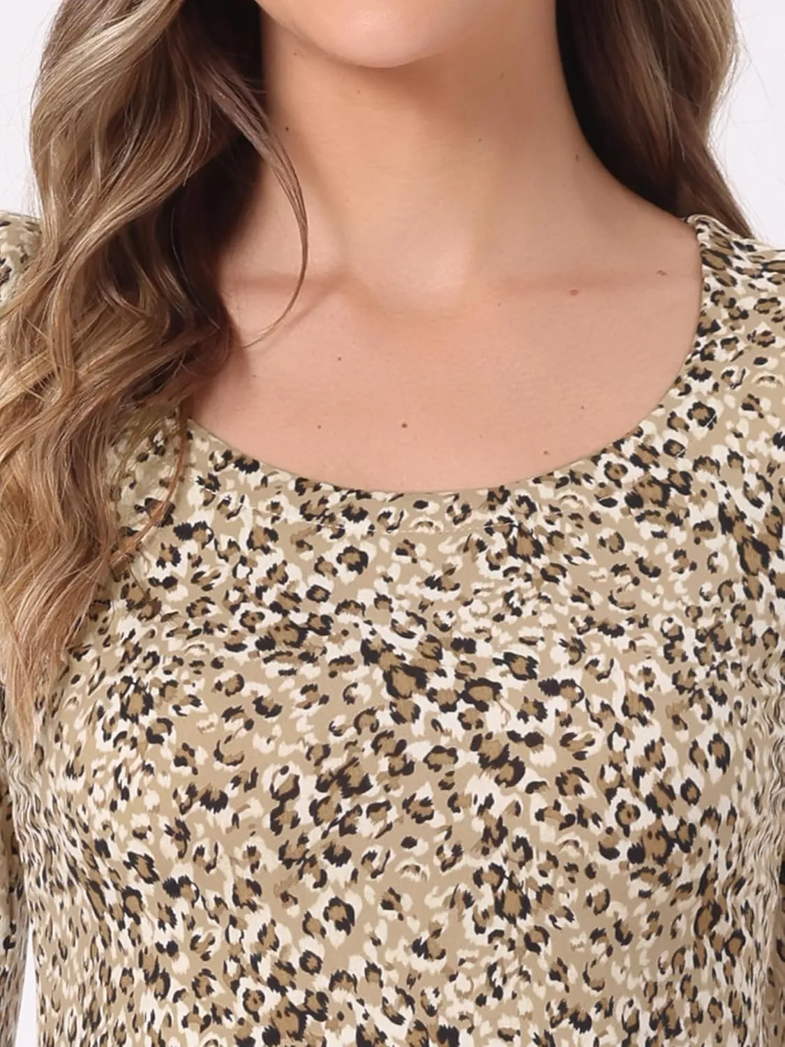 Allegra K Women's Animal Print Long Sleeve Ruffle Hem Scoop Neck Casual Peplum Top