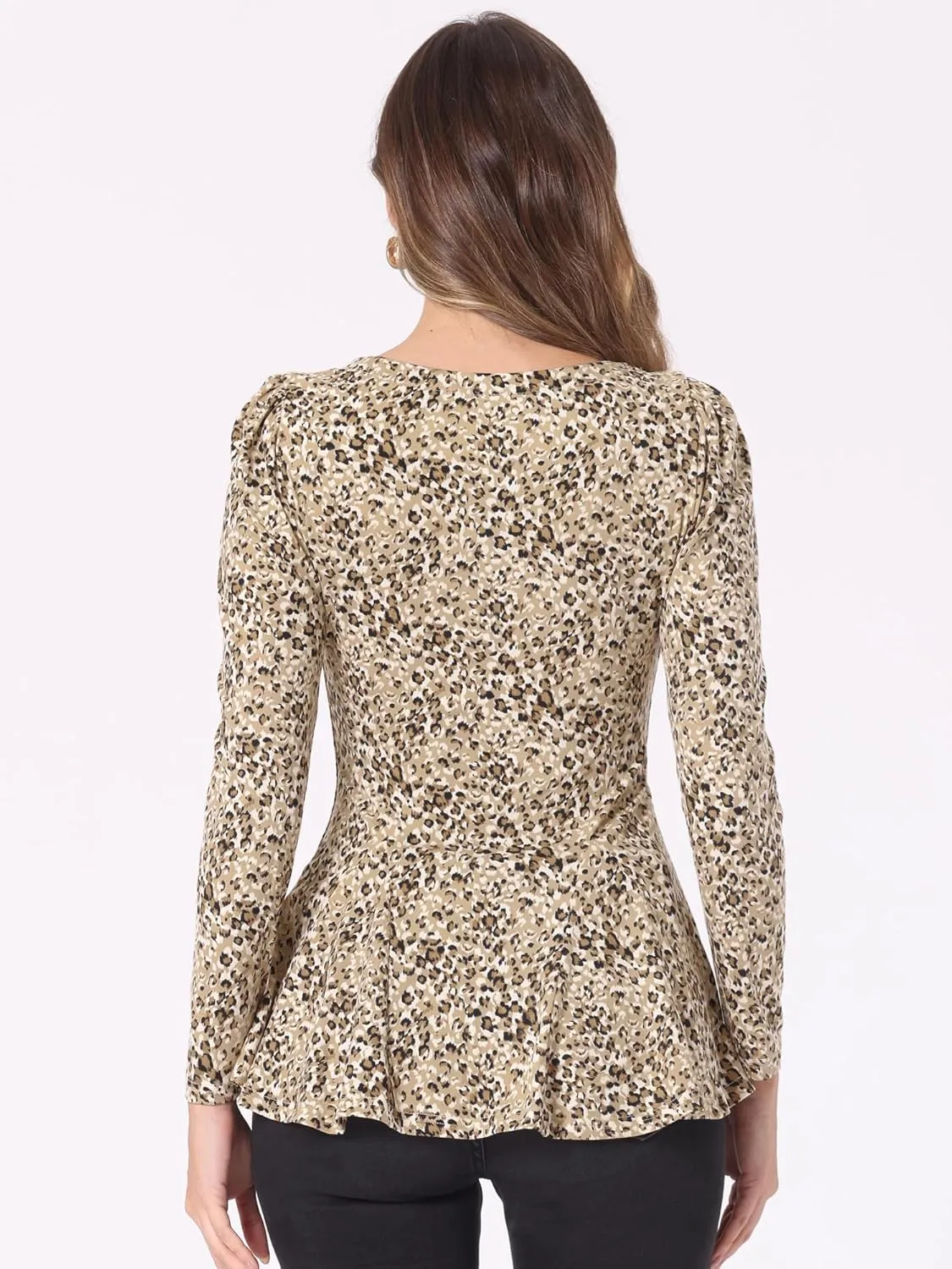 Allegra K Women's Animal Print Long Sleeve Ruffle Hem Scoop Neck Casual Peplum Top