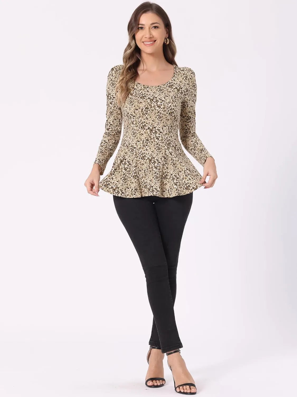 Allegra K Women's Animal Print Long Sleeve Ruffle Hem Scoop Neck Casual Peplum Top