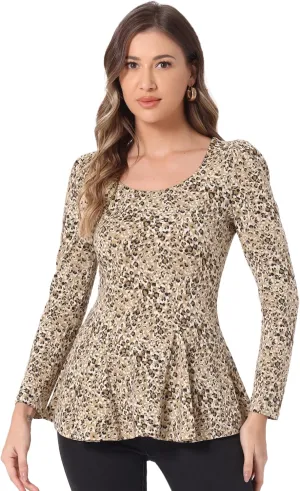 Allegra K Women's Animal Print Long Sleeve Ruffle Hem Scoop Neck Casual Peplum Top