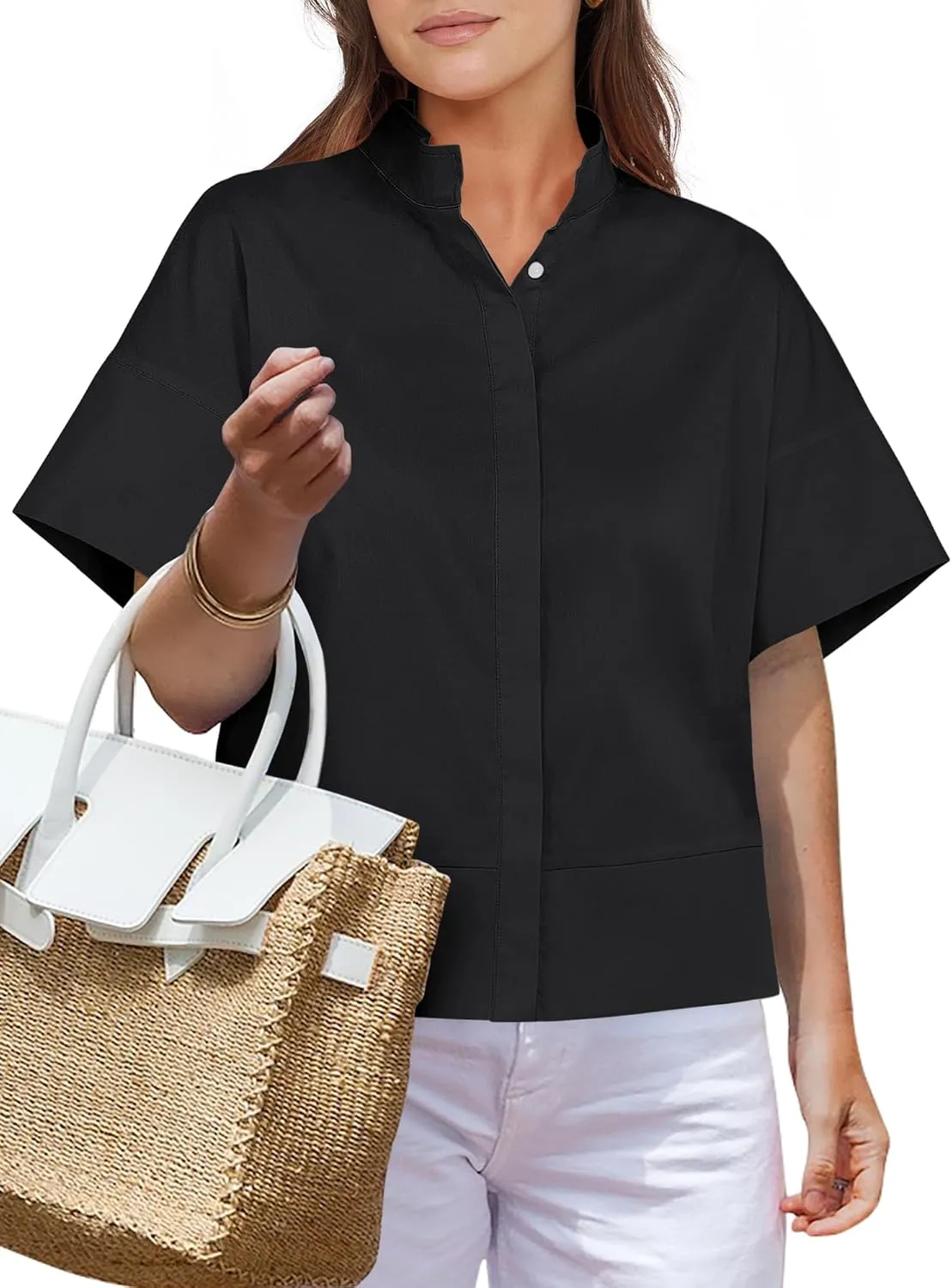 ANRABESS Women Short Sleeve Button Down Cropped Shirts Oversized Boxy Loose Fit Dressy Business Casual Office Work Top Blouse