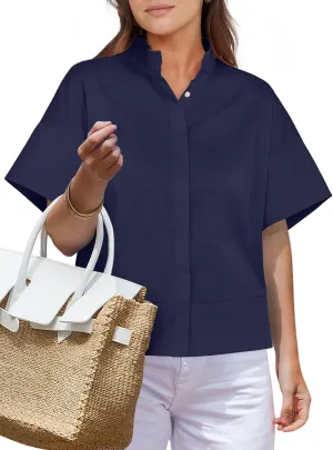 ANRABESS Women Short Sleeve Button Down Cropped Shirts Oversized Boxy Loose Fit Dressy Business Casual Office Work Top Blouse