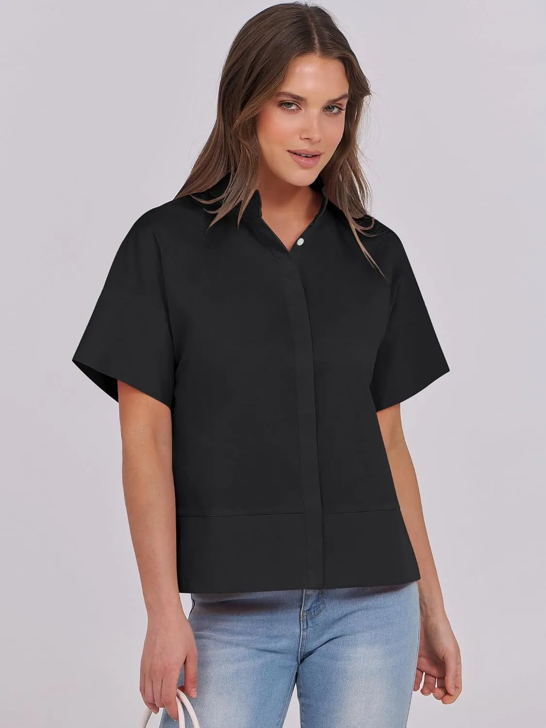 ANRABESS Women Short Sleeve Button Down Cropped Shirts Oversized Boxy Loose Fit Dressy Business Casual Office Work Top Blouse