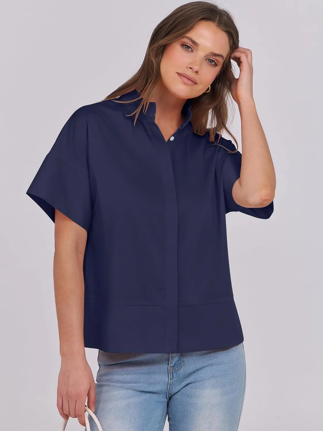 ANRABESS Women Short Sleeve Button Down Cropped Shirts Oversized Boxy Loose Fit Dressy Business Casual Office Work Top Blouse