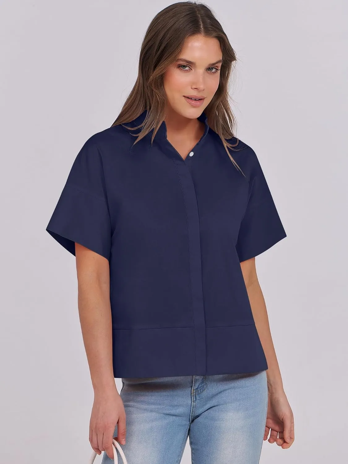 ANRABESS Women Short Sleeve Button Down Cropped Shirts Oversized Boxy Loose Fit Dressy Business Casual Office Work Top Blouse