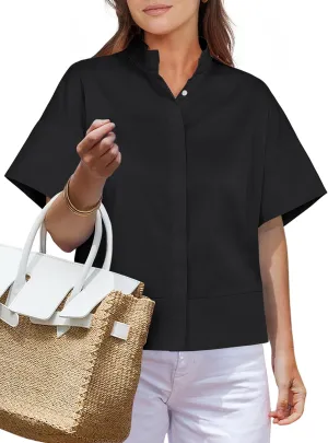 ANRABESS Women Short Sleeve Button Down Cropped Shirts Oversized Boxy Loose Fit Dressy Business Casual Office Work Top Blouse