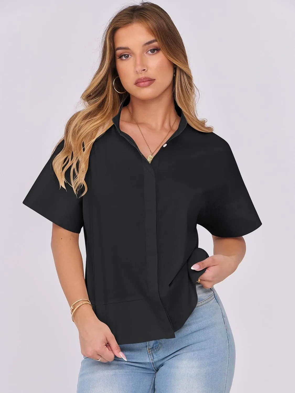 ANRABESS Women Short Sleeve Button Down Cropped Shirts Oversized Boxy Loose Fit Dressy Business Casual Office Work Top Blouse