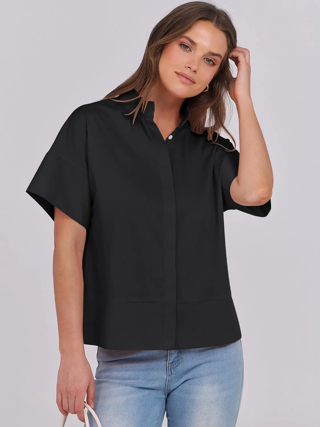 ANRABESS Women Short Sleeve Button Down Cropped Shirts Oversized Boxy Loose Fit Dressy Business Casual Office Work Top Blouse