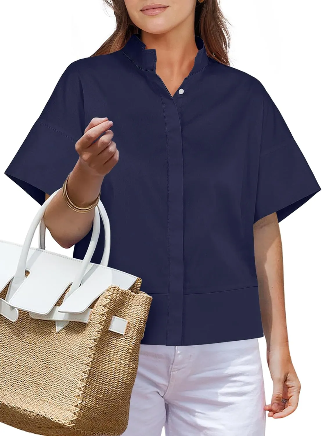 ANRABESS Women Short Sleeve Button Down Cropped Shirts Oversized Boxy Loose Fit Dressy Business Casual Office Work Top Blouse