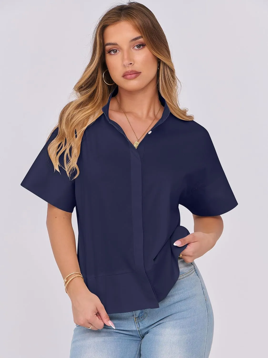 ANRABESS Women Short Sleeve Button Down Cropped Shirts Oversized Boxy Loose Fit Dressy Business Casual Office Work Top Blouse