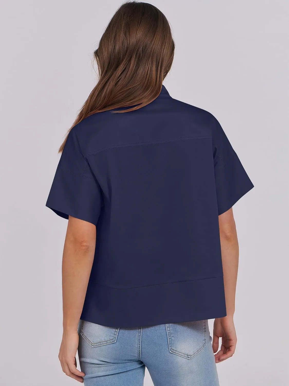 ANRABESS Women Short Sleeve Button Down Cropped Shirts Oversized Boxy Loose Fit Dressy Business Casual Office Work Top Blouse