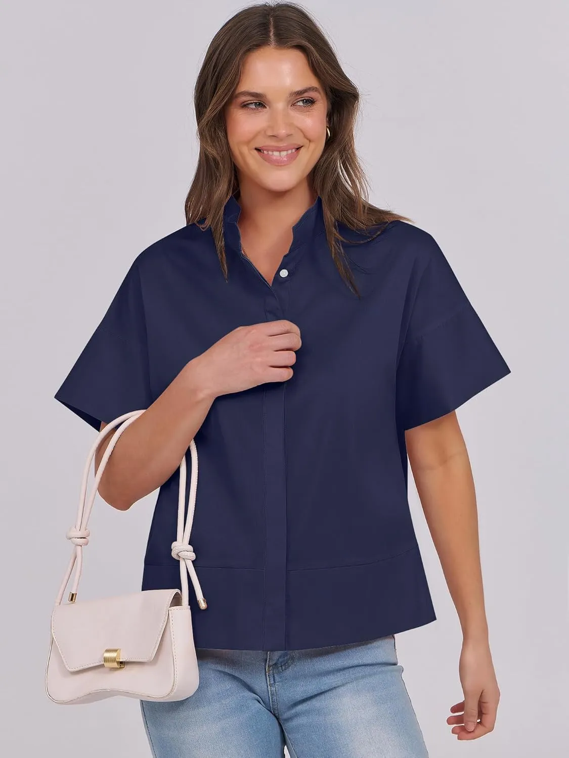 ANRABESS Women Short Sleeve Button Down Cropped Shirts Oversized Boxy Loose Fit Dressy Business Casual Office Work Top Blouse