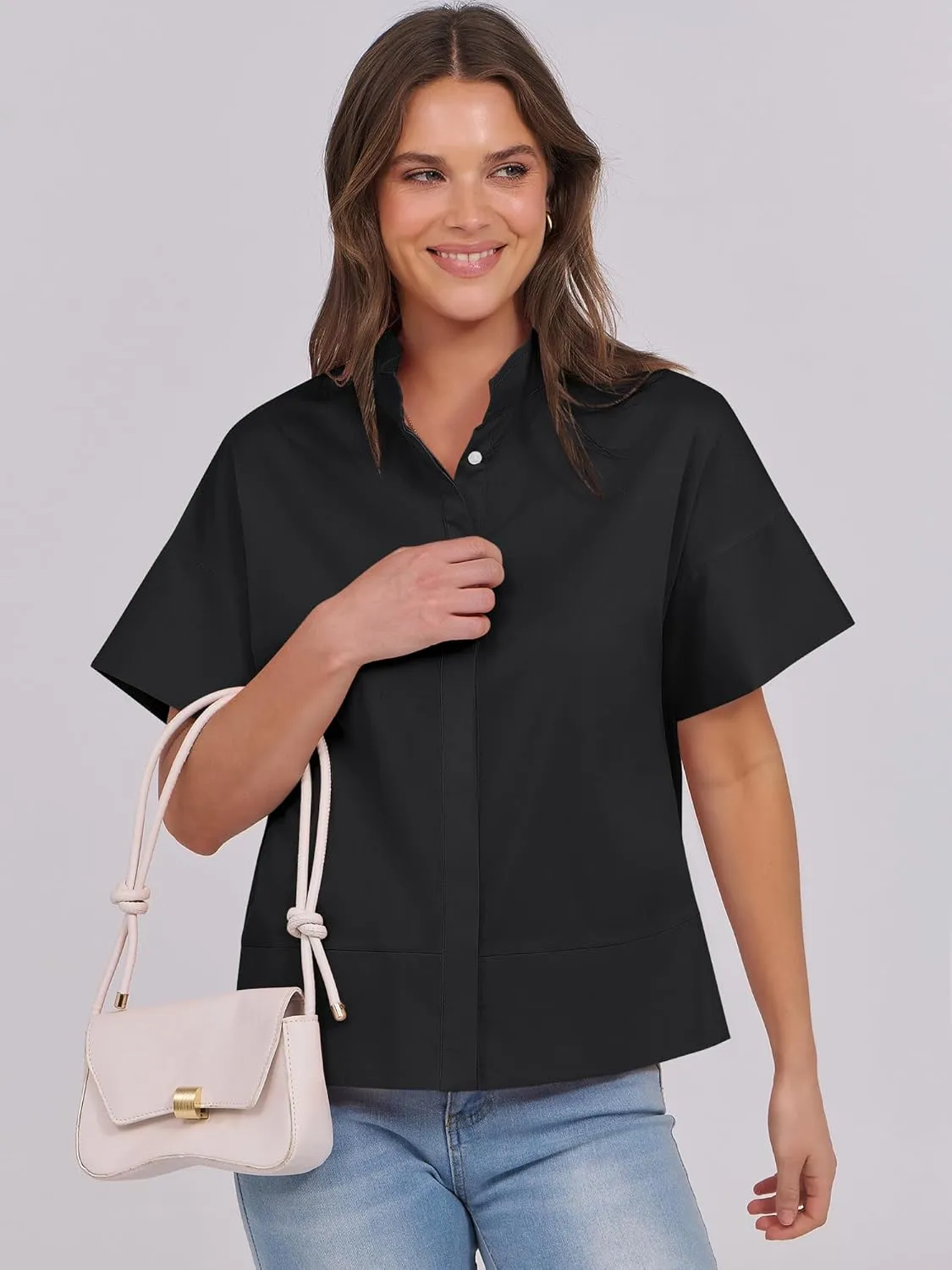 ANRABESS Women Short Sleeve Button Down Cropped Shirts Oversized Boxy Loose Fit Dressy Business Casual Office Work Top Blouse
