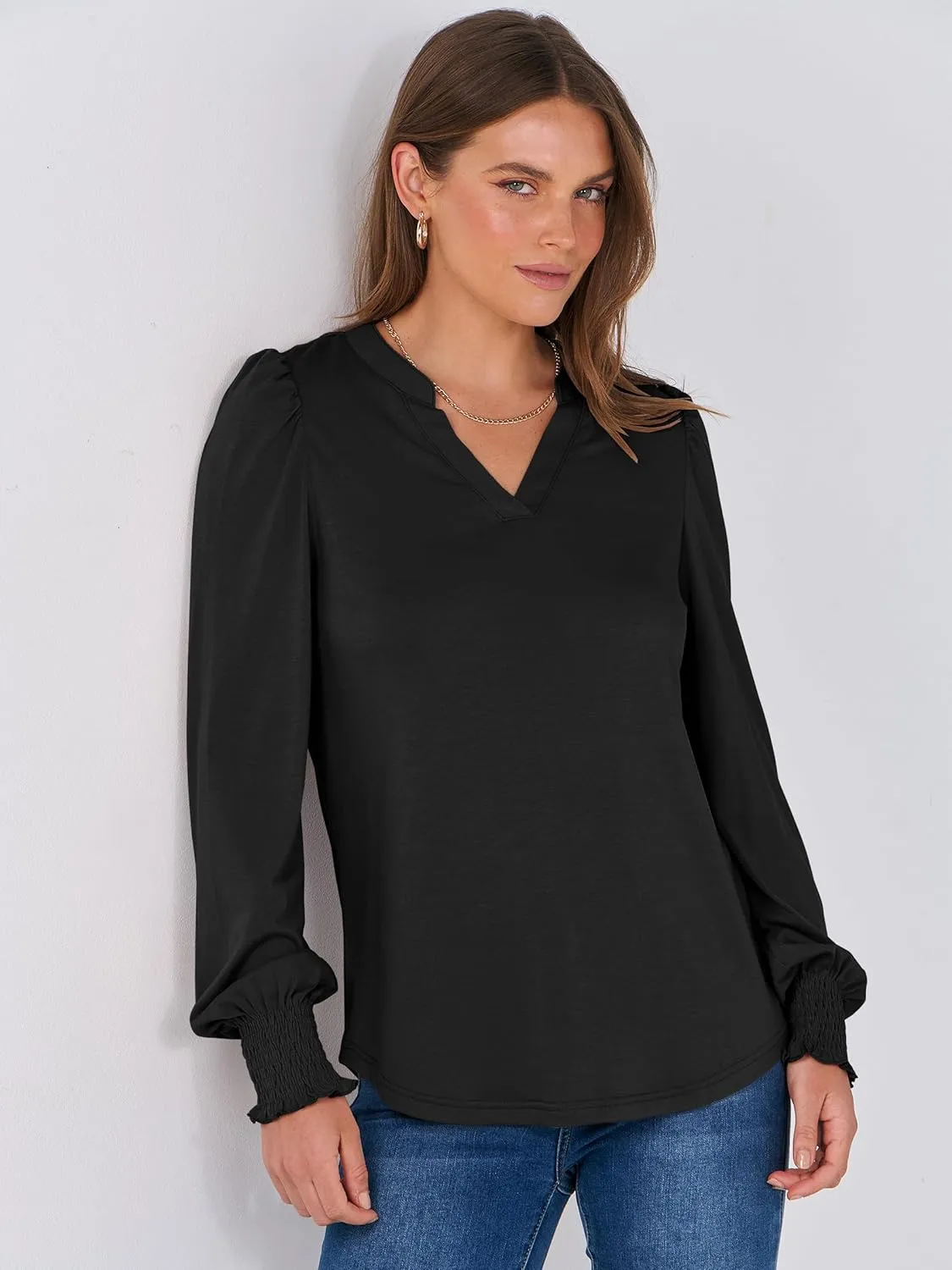 ANRABESS Women's Puff Long Sleeve Shirts V Neck Loose T-Shirts Dressy Casual Work Blouses 2024 Fall Tops Trendy Clothes