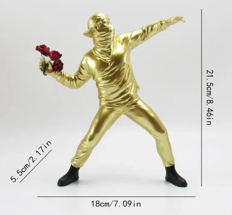 Banksy Inspired Flower Thrower: Street Art-Styled Sculpture for Office and Home Decoration