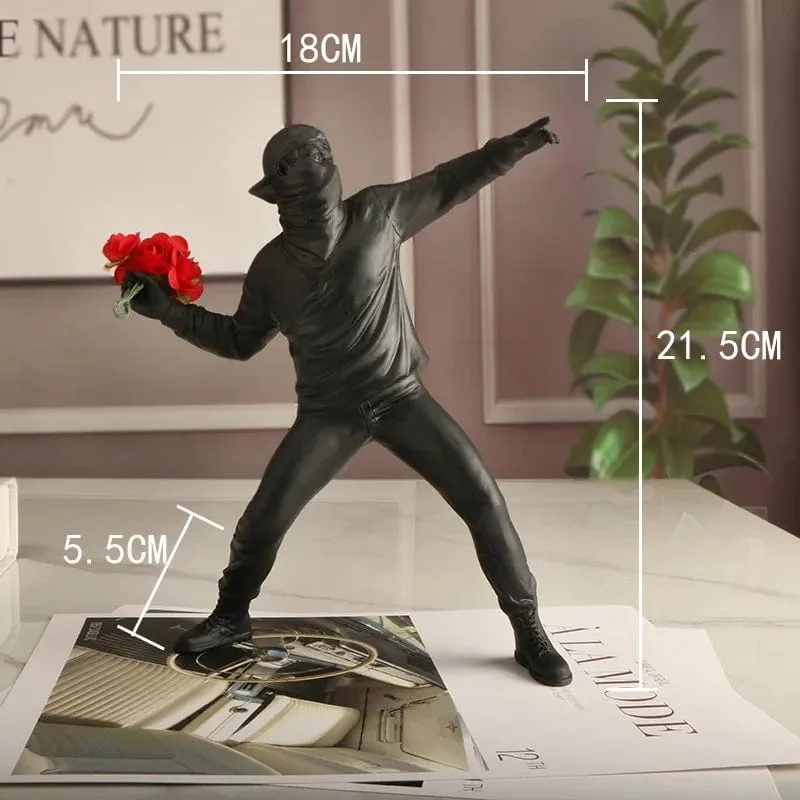 Banksy Inspired Flower Thrower: Street Art-Styled Sculpture for Office and Home Decoration