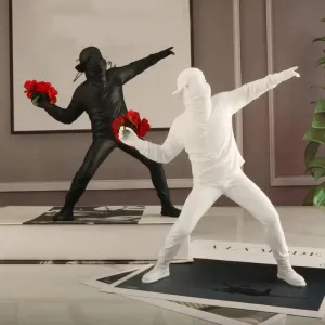 Banksy Inspired Flower Thrower: Street Art-Styled Sculpture for Office and Home Decoration