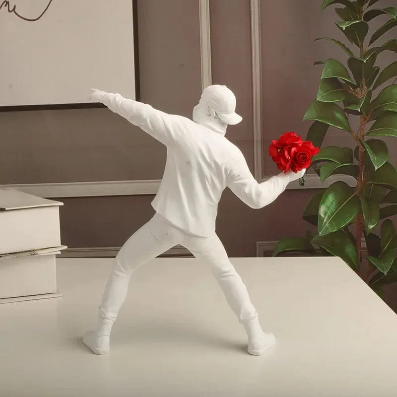 Banksy Inspired Flower Thrower: Street Art-Styled Sculpture for Office and Home Decoration