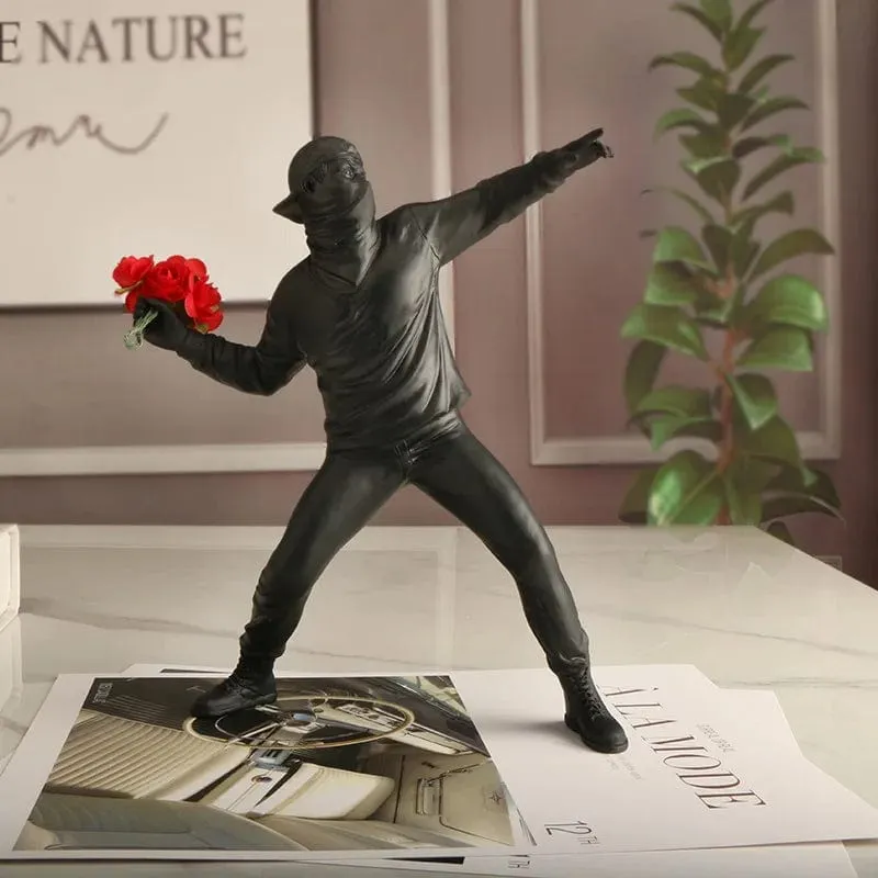 Banksy Inspired Flower Thrower: Street Art-Styled Sculpture for Office and Home Decoration