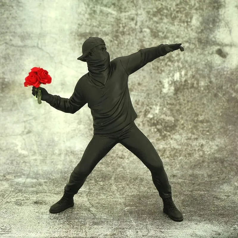 Banksy Inspired Flower Thrower: Street Art-Styled Sculpture for Office and Home Decoration