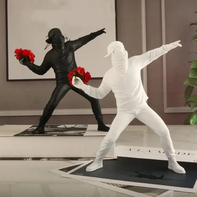 Banksy Inspired Flower Thrower: Street Art-Styled Sculpture for Office and Home Decoration