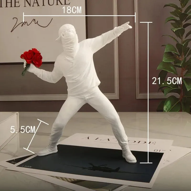 Banksy Inspired Flower Thrower: Street Art-Styled Sculpture for Office and Home Decoration
