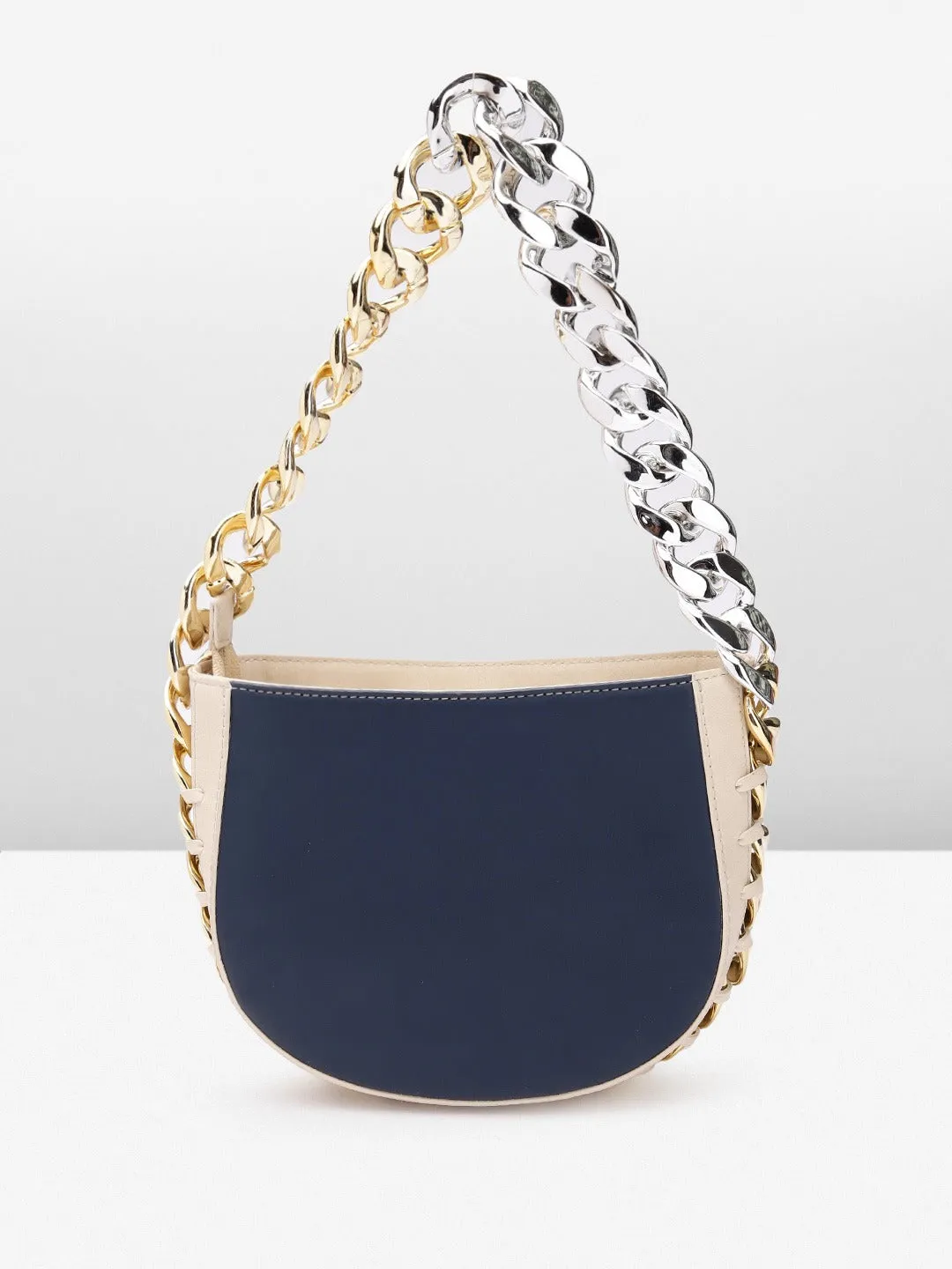 Berrylush Women Multi-Color Geometric Printed Half Moon Embellished Small Handheld Bag