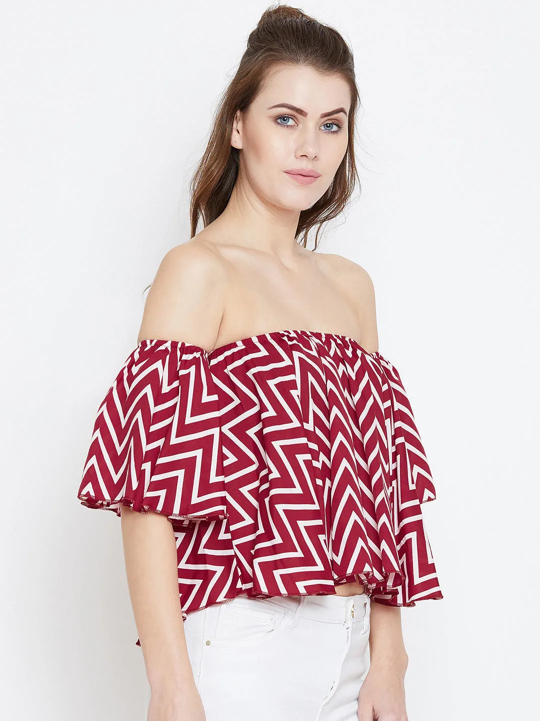 Berrylush Women Red & White Geometric Printed Off-Shoulder Neck Ruffled Crop Bardot Top