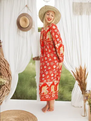 Bohemian Gypsy Hippy Cotton Light Weight Long Dress Red S-M-L