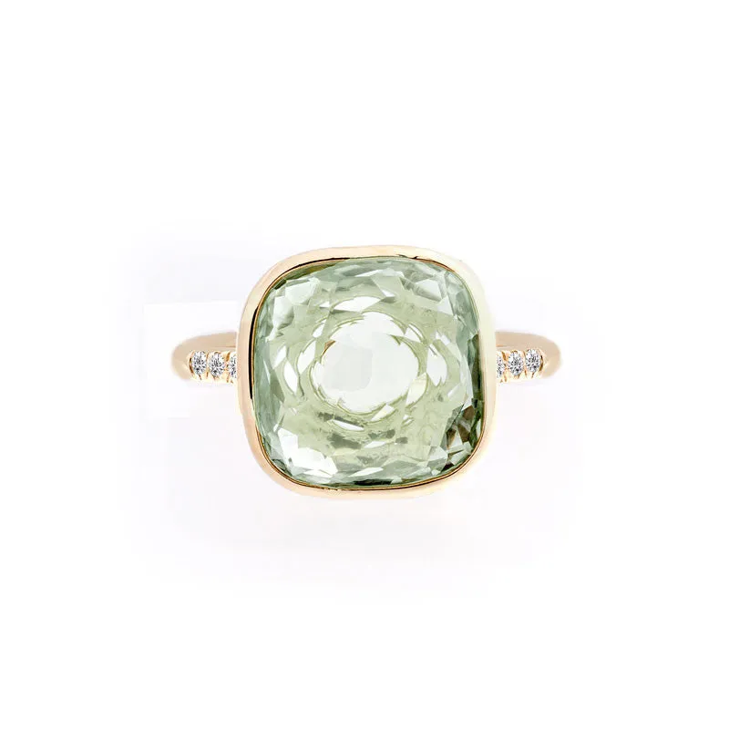 Como Collection 12mm Cushion Prasiolite and Diamond Ring