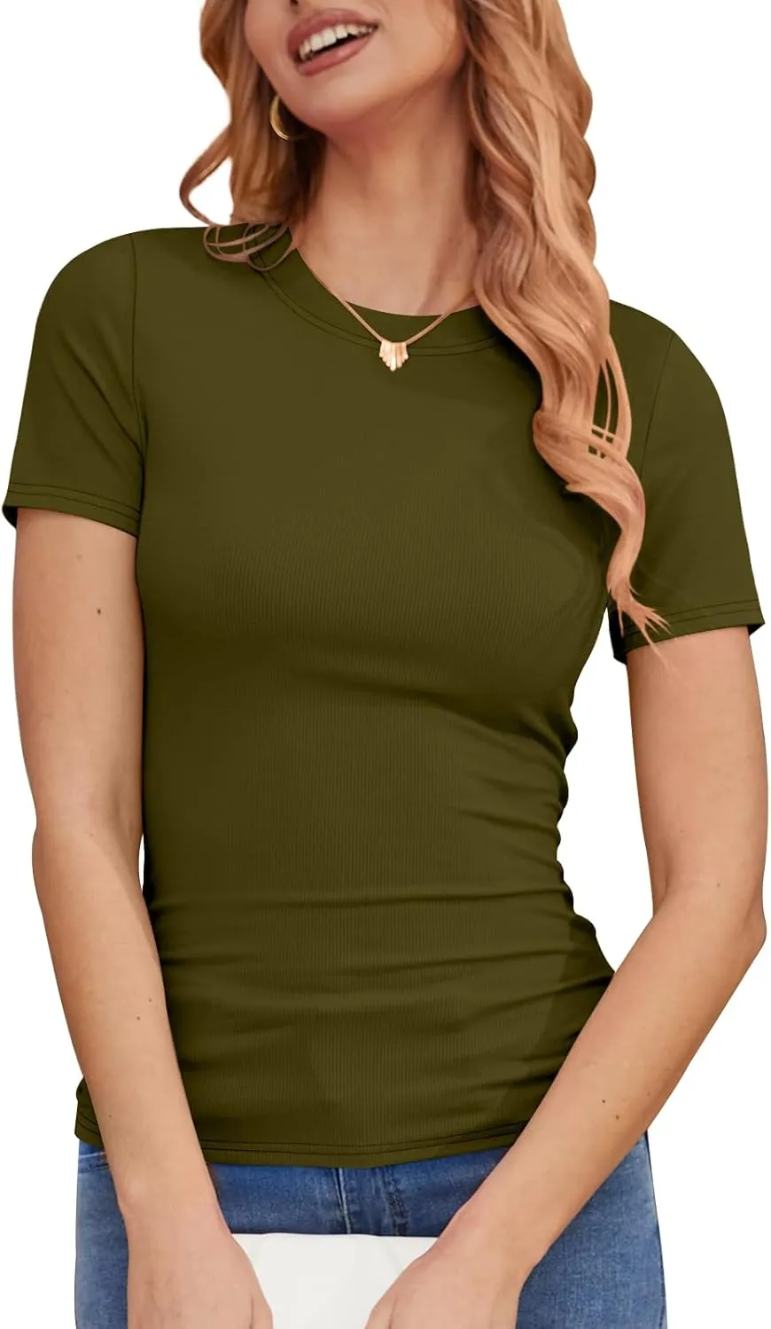 DB MOON Womens 2025 Short Sleeve Shirts Summer Casual Tops Crew Neck Basic Layer Ribbed Slim Fitted Tee