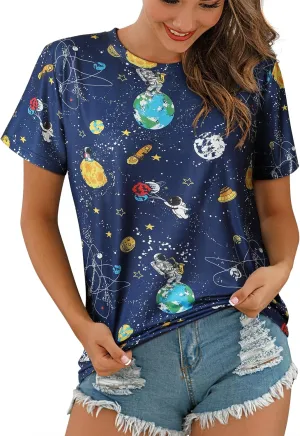 Ezcosplay Women Short Sleeve Space Shuttle Astronaut Universe Galaxy T-Shirt Graphic Shirt Casual Tee Tops
