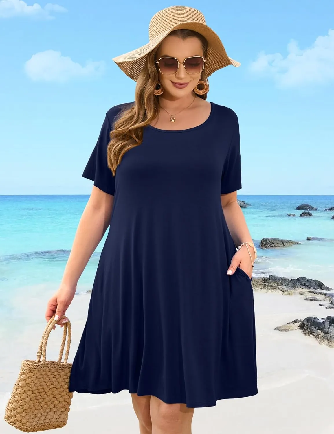 JollieLovin Plus Size Summer T-Shirt Casual Dresses for Curvy Women Flowy Swing