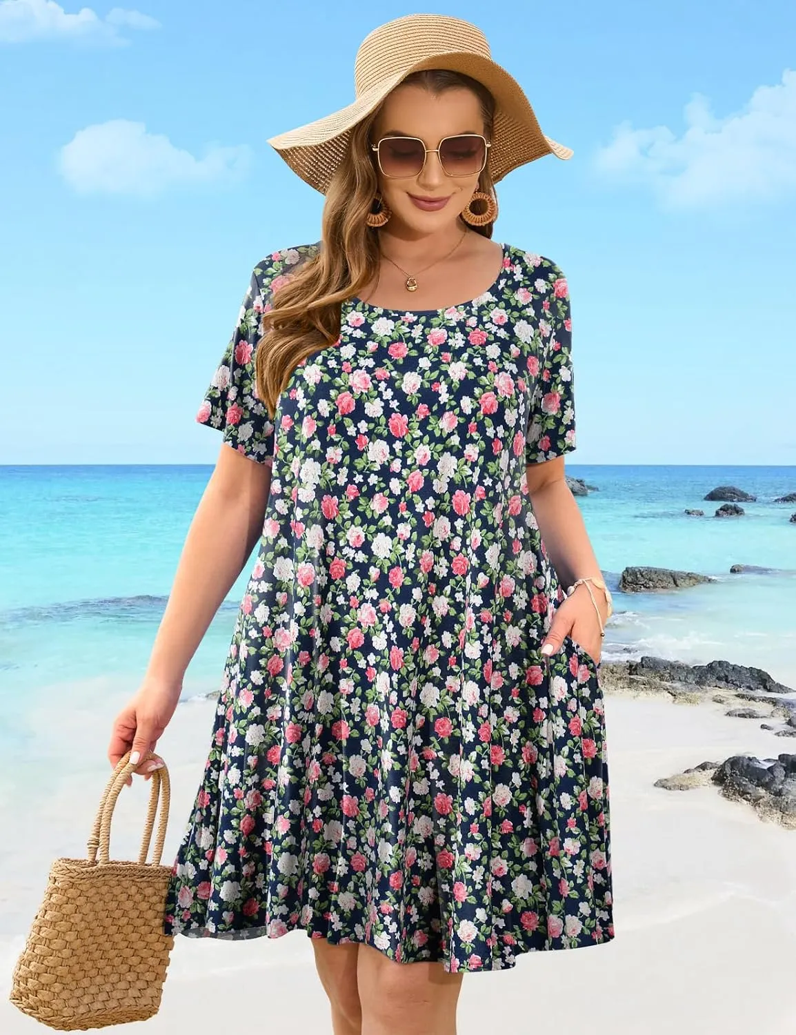JollieLovin Plus Size Summer T-Shirt Casual Dresses for Curvy Women Flowy Swing