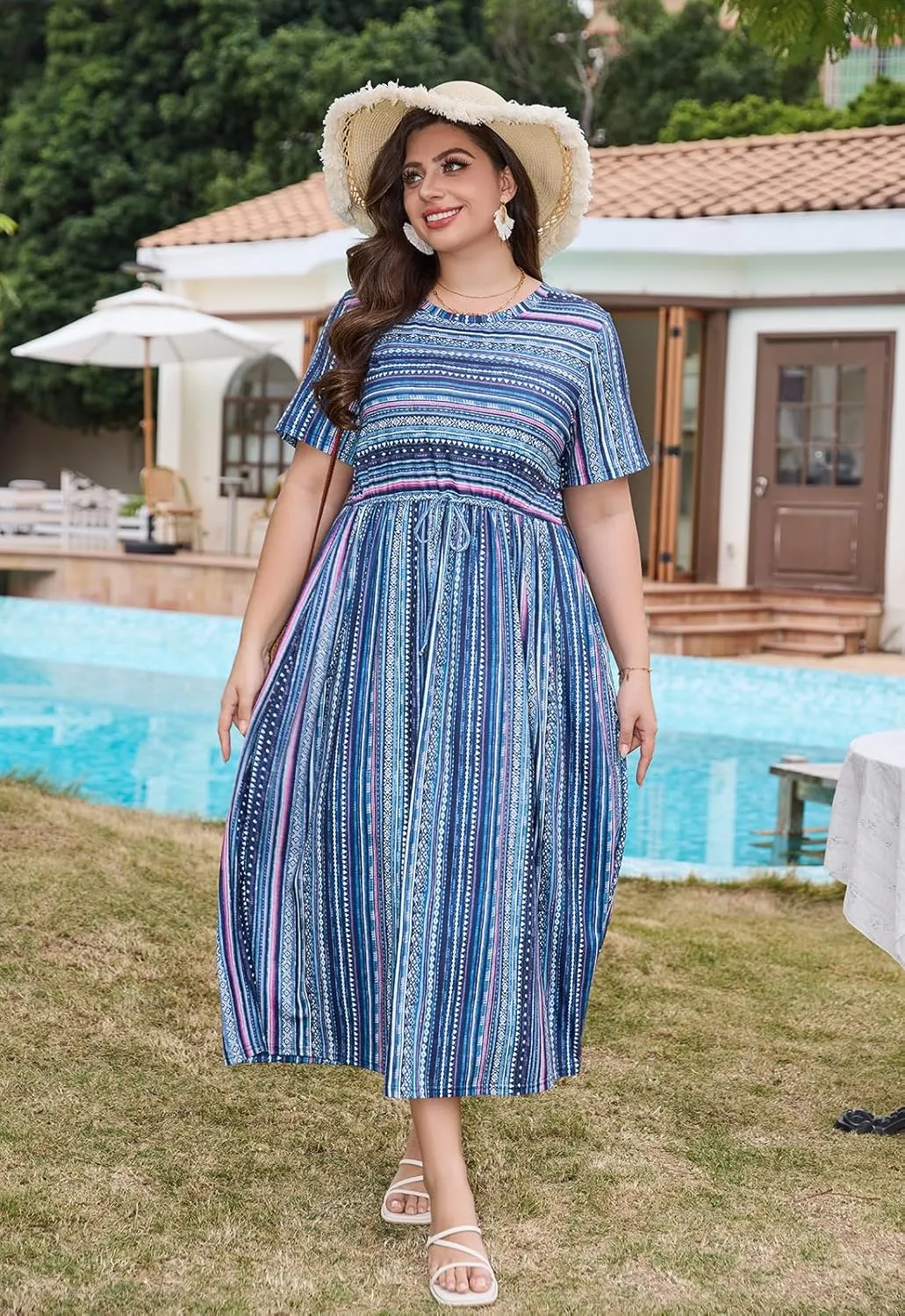 Keluummi Plus Size Summer Maxi Dress for Curvy Women, Casual A Line Wedding Guest Dress with Pocket, Empire Waist, 3/4 Sleeve