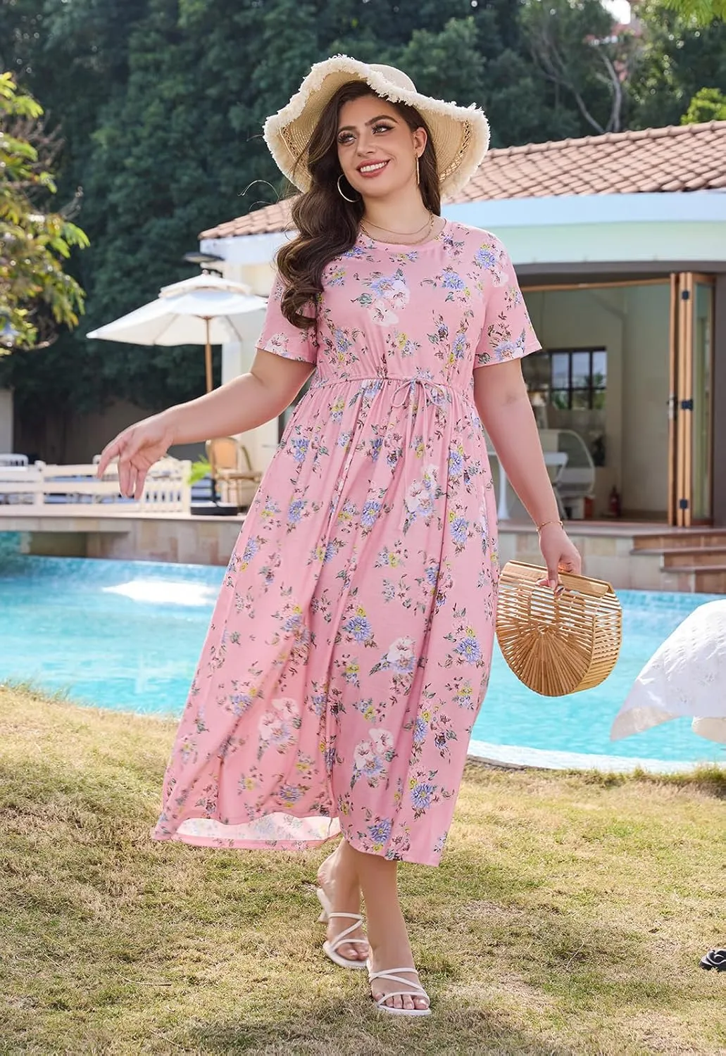 Keluummi Plus Size Summer Maxi Dress for Curvy Women, Casual A Line Wedding Guest Dress with Pocket, Empire Waist, 3/4 Sleeve