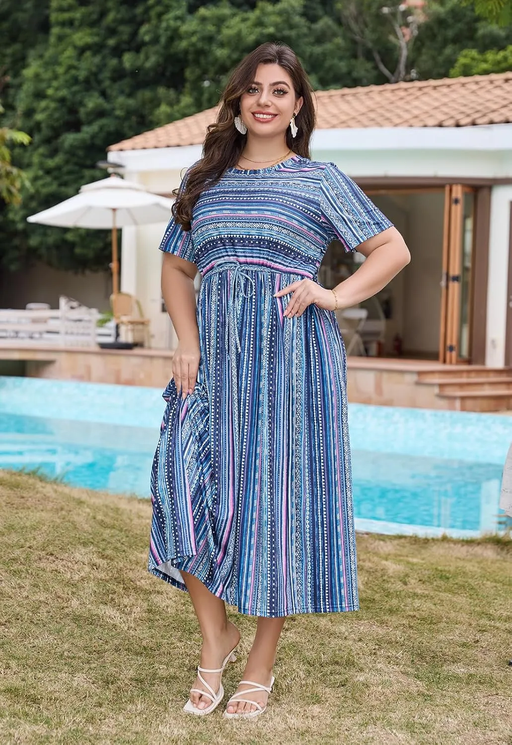 Keluummi Plus Size Summer Maxi Dress for Curvy Women, Casual A Line Wedding Guest Dress with Pocket, Empire Waist, 3/4 Sleeve