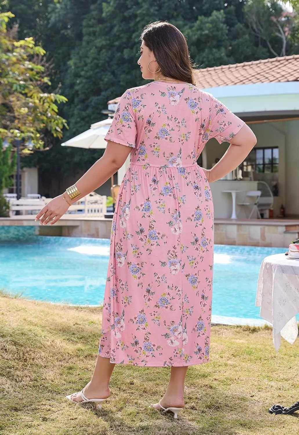 Keluummi Plus Size Summer Maxi Dress for Curvy Women, Casual A Line Wedding Guest Dress with Pocket, Empire Waist, 3/4 Sleeve