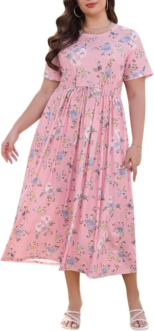 Keluummi Plus Size Summer Maxi Dress for Curvy Women, Casual A Line Wedding Guest Dress with Pocket, Empire Waist, 3/4 Sleeve