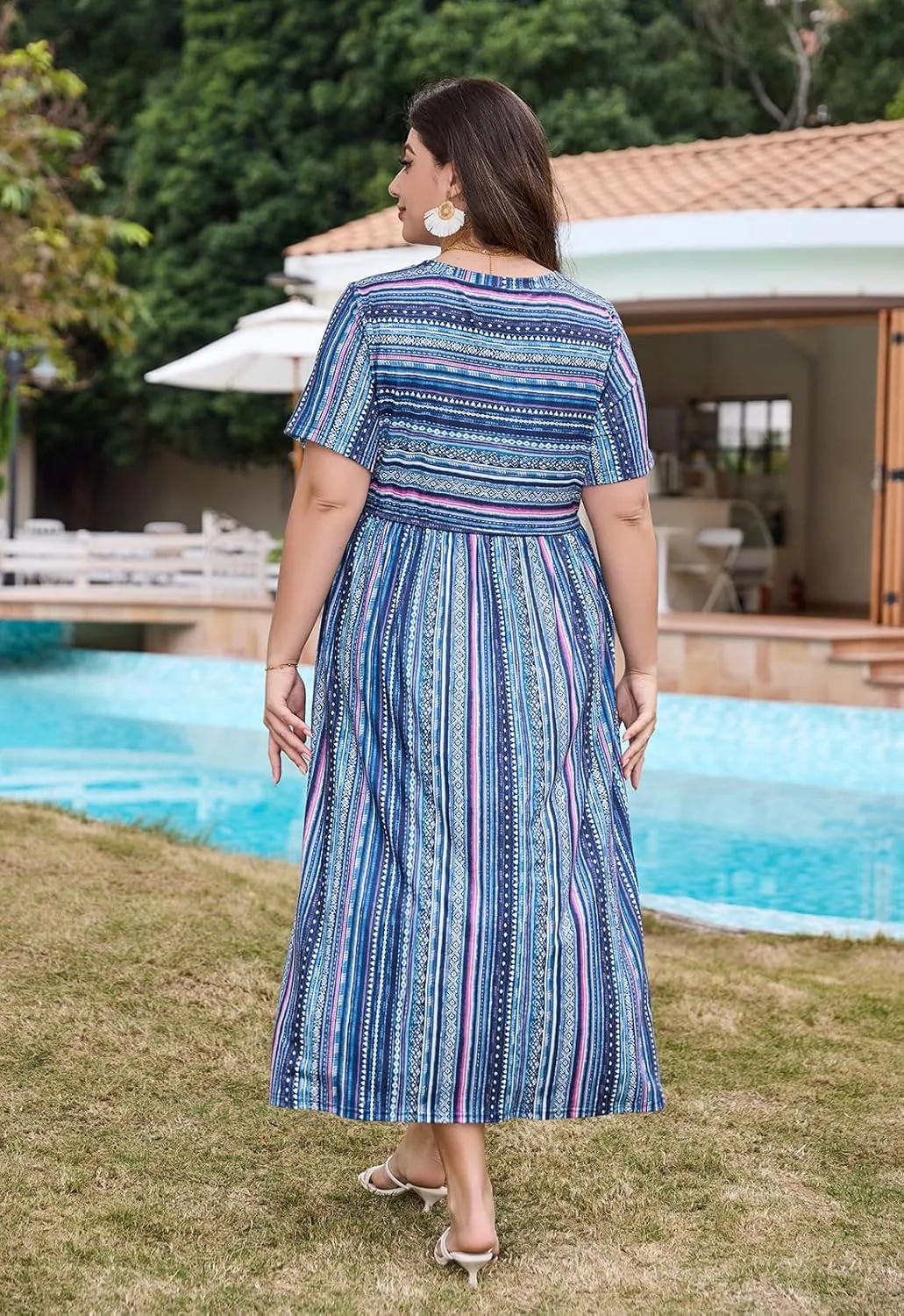 Keluummi Plus Size Summer Maxi Dress for Curvy Women, Casual A Line Wedding Guest Dress with Pocket, Empire Waist, 3/4 Sleeve