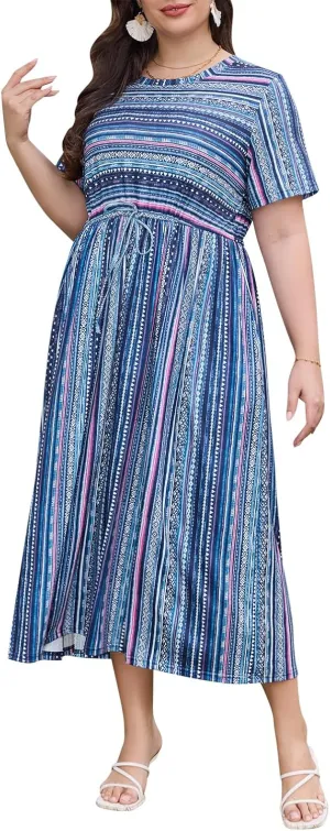 Keluummi Plus Size Summer Maxi Dress for Curvy Women, Casual A Line Wedding Guest Dress with Pocket, Empire Waist, 3/4 Sleeve