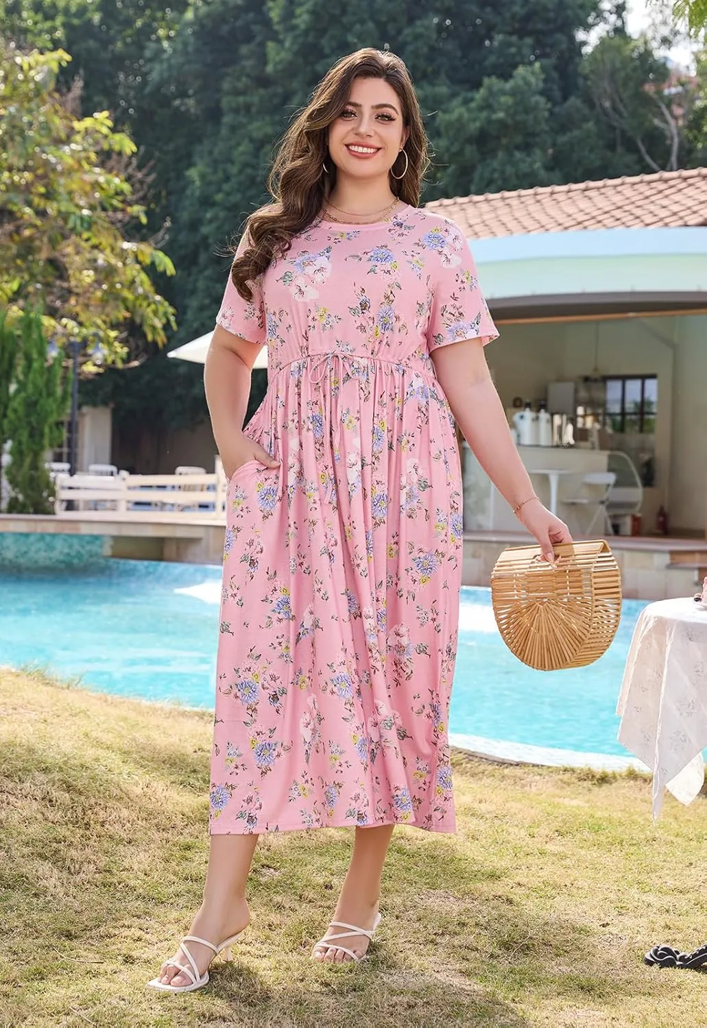 Keluummi Plus Size Summer Maxi Dress for Curvy Women, Casual A Line Wedding Guest Dress with Pocket, Empire Waist, 3/4 Sleeve