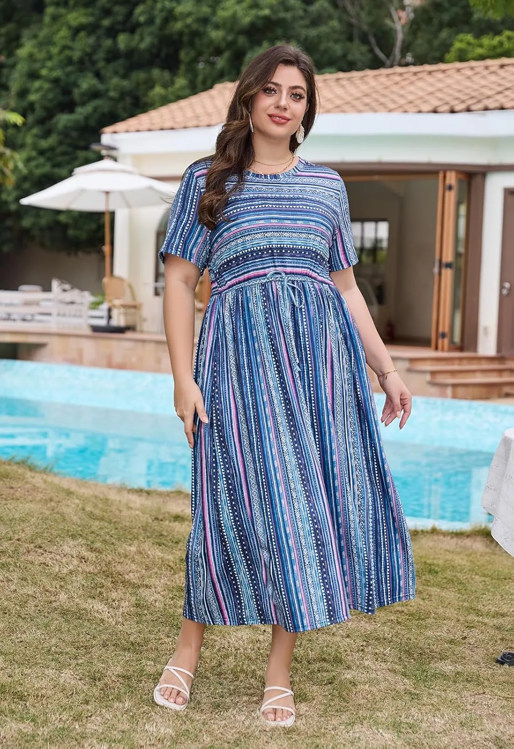 Keluummi Plus Size Summer Maxi Dress for Curvy Women, Casual A Line Wedding Guest Dress with Pocket, Empire Waist, 3/4 Sleeve