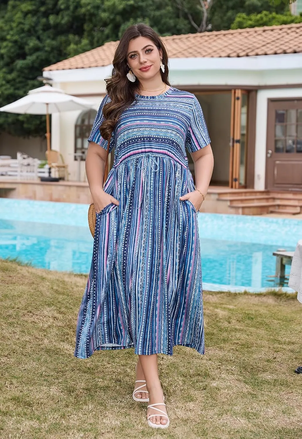 Keluummi Plus Size Summer Maxi Dress for Curvy Women, Casual A Line Wedding Guest Dress with Pocket, Empire Waist, 3/4 Sleeve
