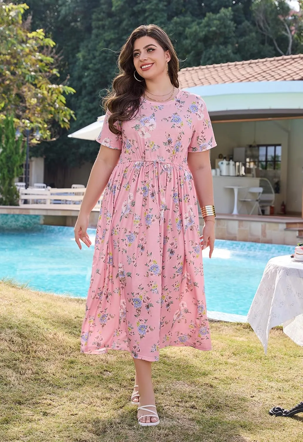 Keluummi Plus Size Summer Maxi Dress for Curvy Women, Casual A Line Wedding Guest Dress with Pocket, Empire Waist, 3/4 Sleeve