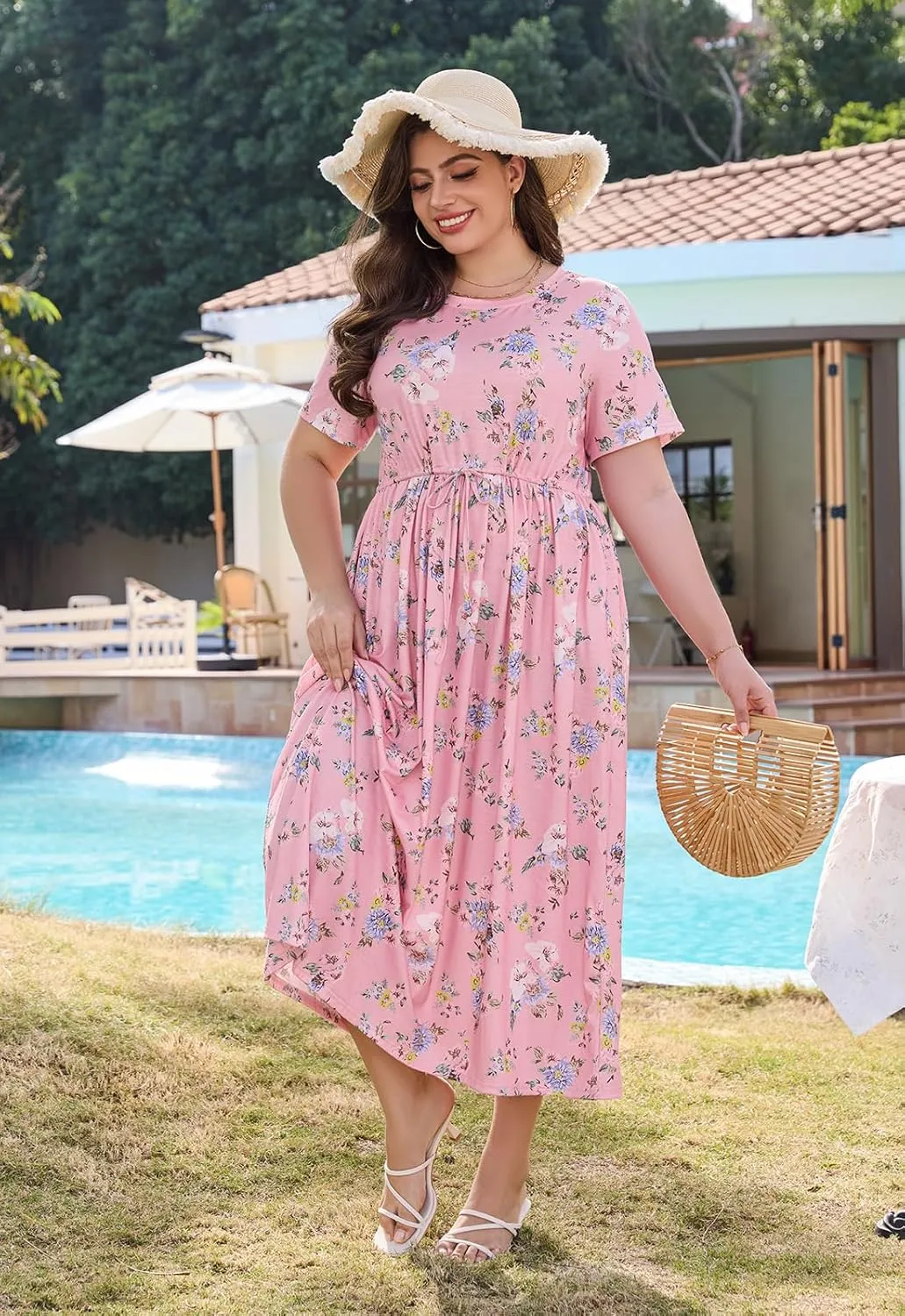Keluummi Plus Size Summer Maxi Dress for Curvy Women, Casual A Line Wedding Guest Dress with Pocket, Empire Waist, 3/4 Sleeve