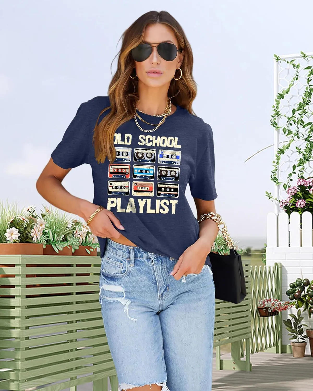 LAZYCHILD 80s Shirt for Women 90s Shirts: Old School Playlist T-Shirt Cassette Tape Graphic 80s Music Concert Tee Tops