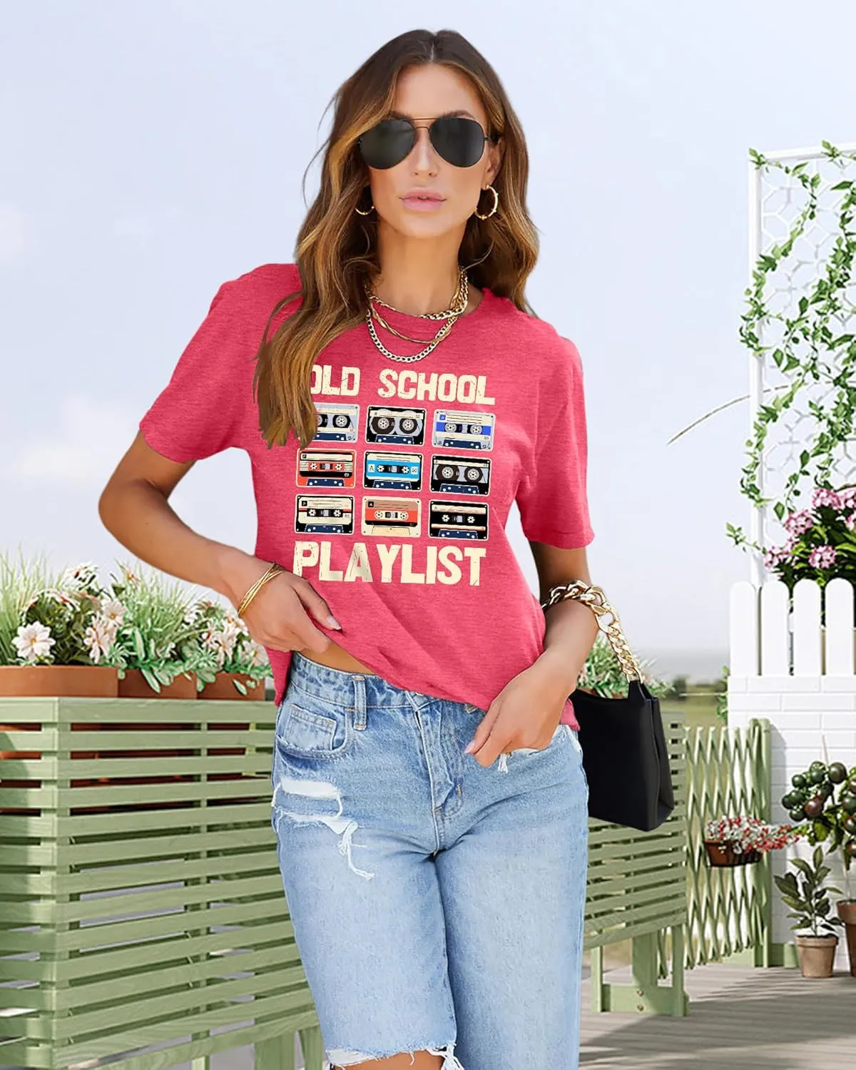 LAZYCHILD 80s Shirt for Women 90s Shirts: Old School Playlist T-Shirt Cassette Tape Graphic 80s Music Concert Tee Tops