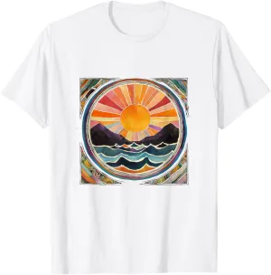 Mountain Sunrise Art Nature Lover Ocean Waves Sun Mandala T-Shirt